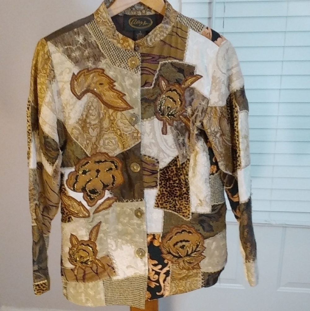Alex Kim Patchwork Quilted Brown Gold Animal Print Floral Jacket Blazer Size S